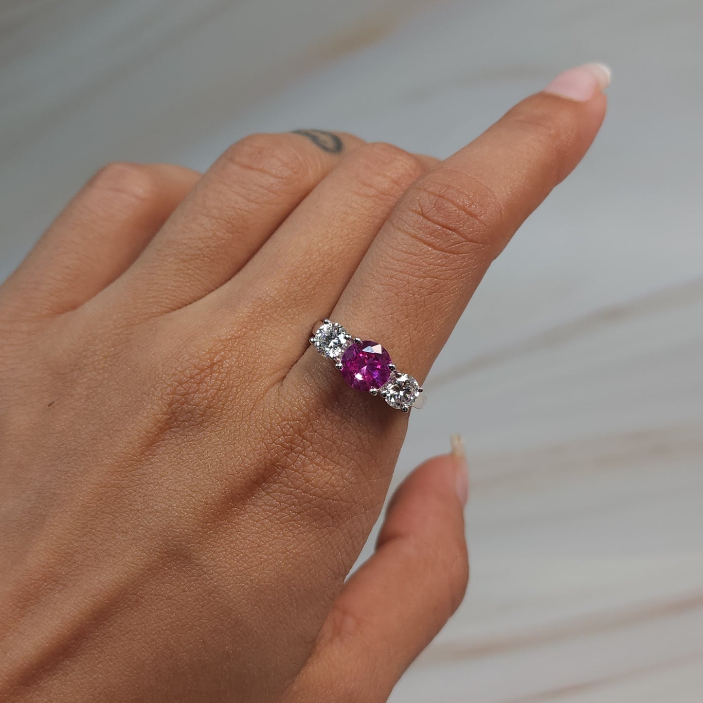 Created Pink Sapphire & 1Ct Lab Grown Diamond Round ring .925 Sterling Silver