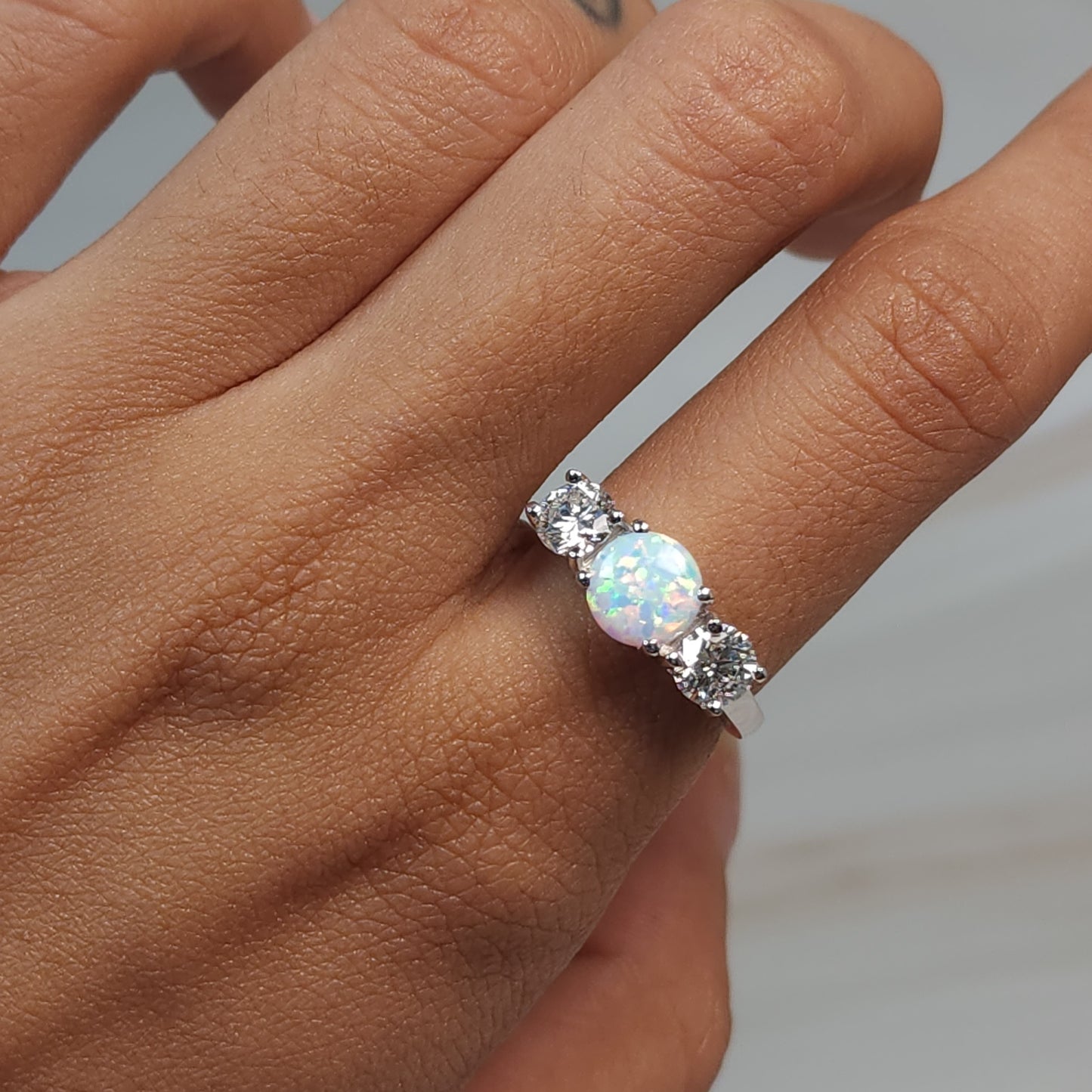 Created Opal & 1Ct Lab Grown Diamond Round ring .925 Sterling Silver