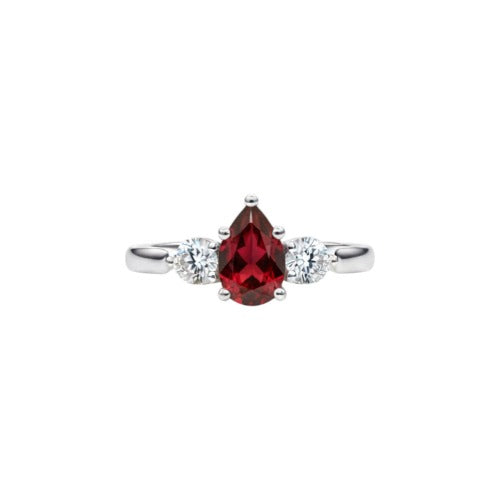 Simulated Garnet & Lab Grown Diamond Pear Round ring .925 Sterling Silver