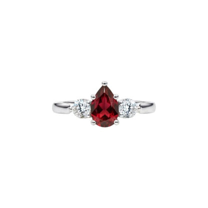 Simulated Garnet & Lab Grown Diamond Pear Round ring .925 Sterling Silver