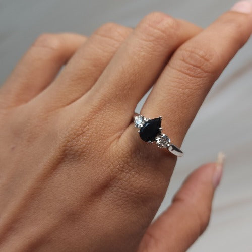 Natural Black Onyx & Lab Grown Diamond Pear Round ring .925 Sterling Silver