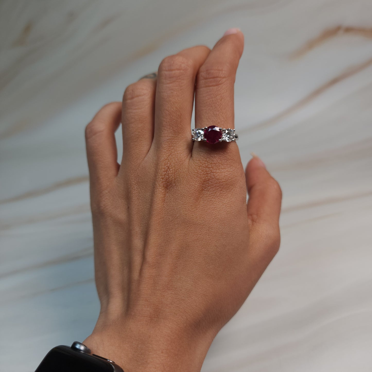 Created Ruby & 1Ct Lab Grown Diamond Round ring .925 Sterling Silver