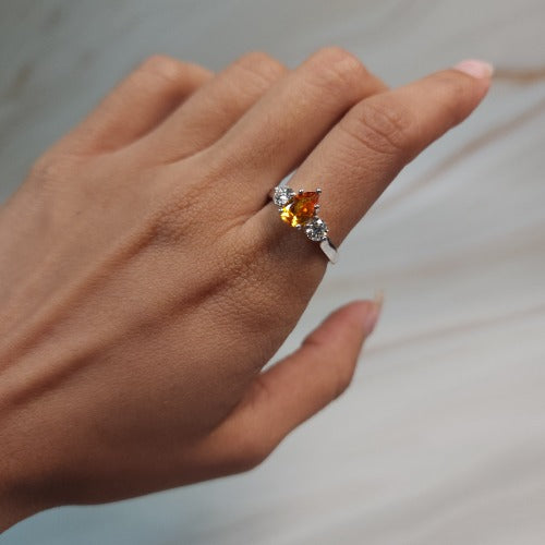 Simulated Orange Citrine & Lab Grown Diamond Pear Round ring .925 Sterling Silver