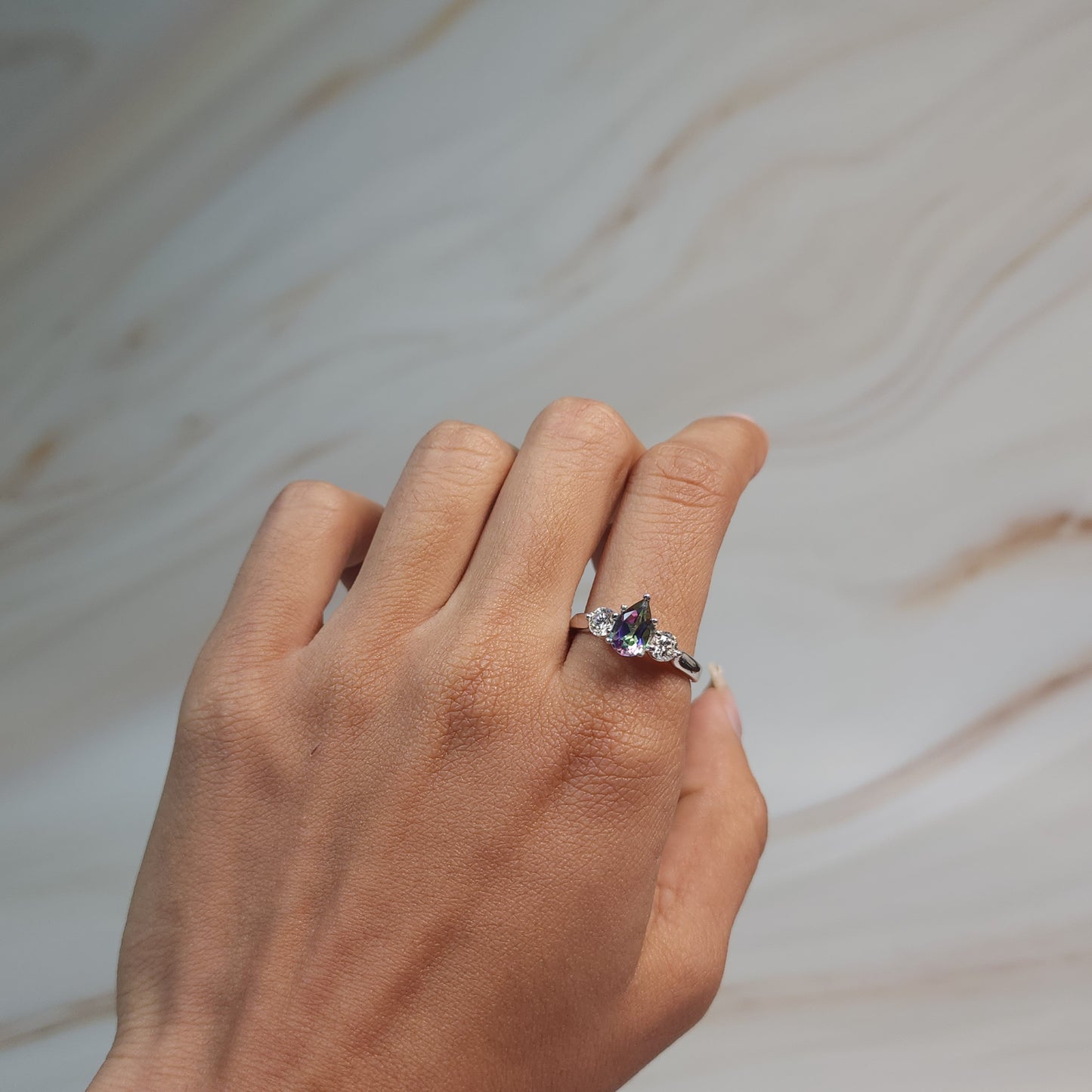 Natural Mystic Topaz & Lab Grown Diamond Pear Round ring .925 Sterling Silver