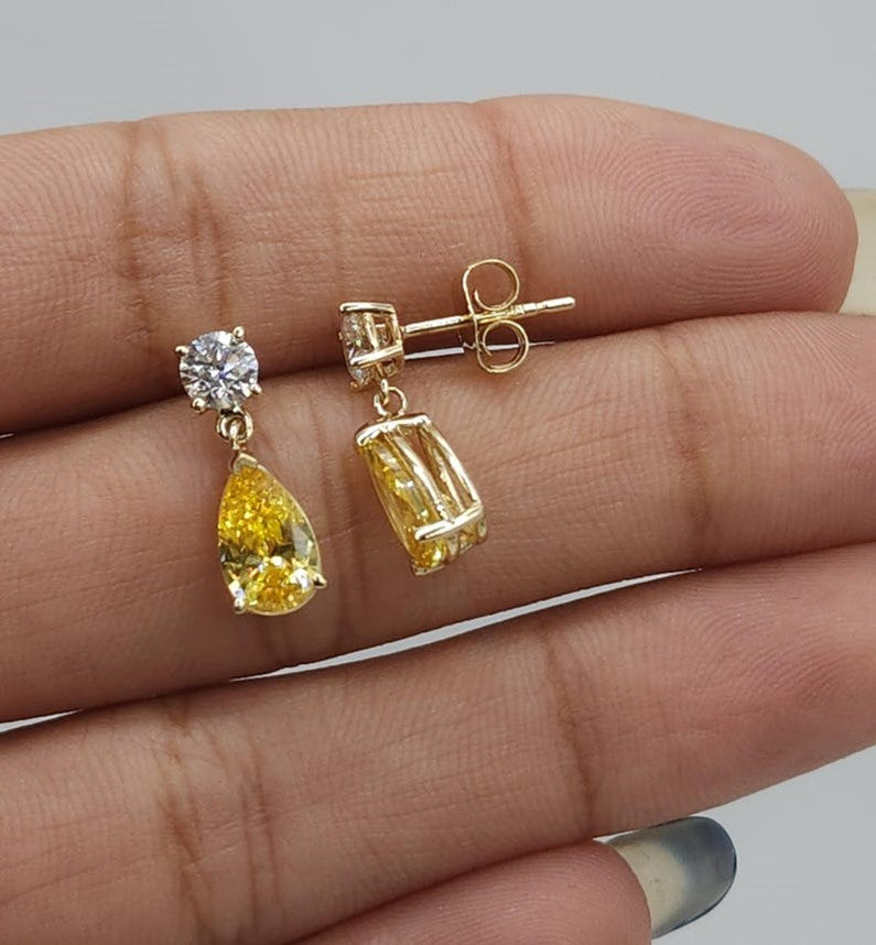 14Kt Gold Created Yellow Citrine & Lab Grown Diamond Teardrop Dangle Stud Earrings