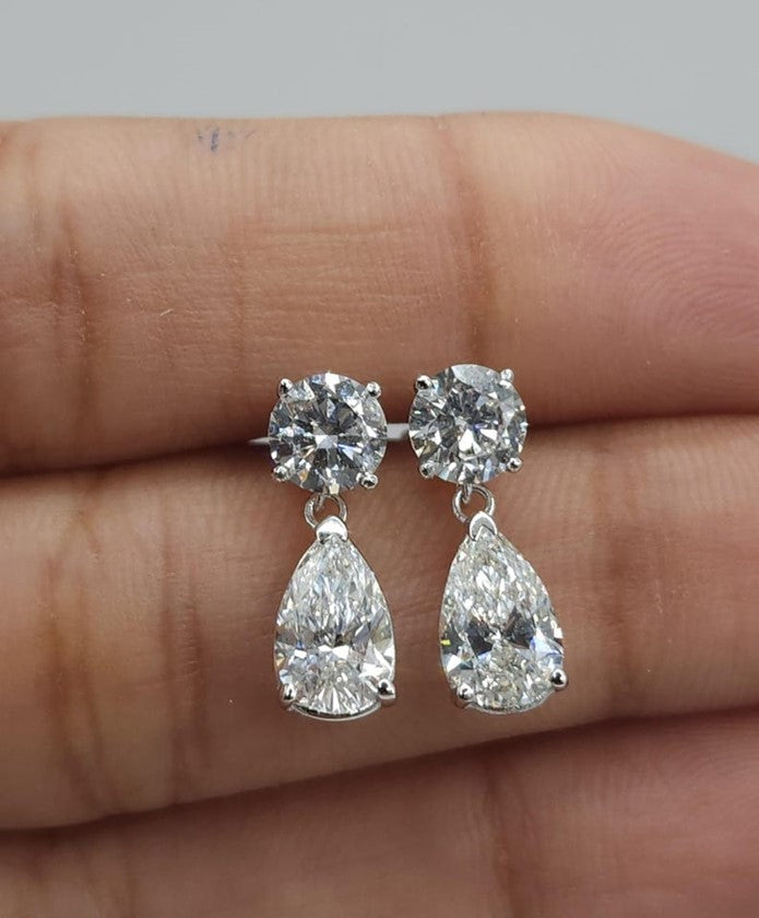 14Kt Gold 3 Prong 2.44 Ct 2 Stone Pear & Round Earrings Lab Grown Diamond Studs