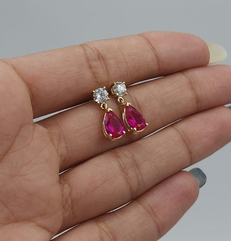 14Kt Gold Created Ruby & Lab Grown Diamond Teardrop Dangle Stud Earrings