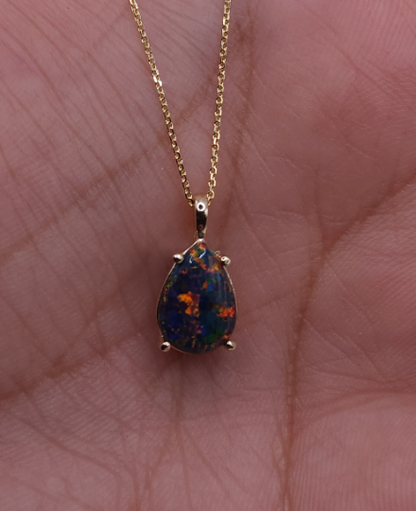 14Kt Gold Black Opal Teardrop Pendant Necklace