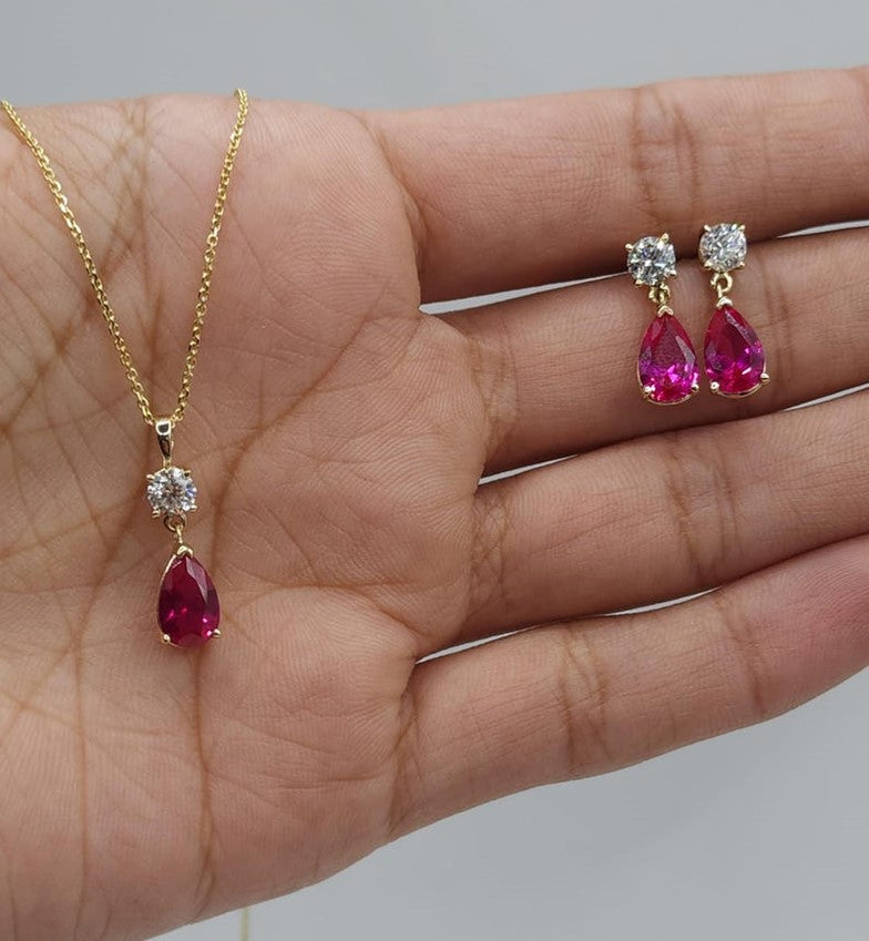 14Kt Gold Created Ruby & Lab Grown Diamond Teardrop Dangle Stud Earrings