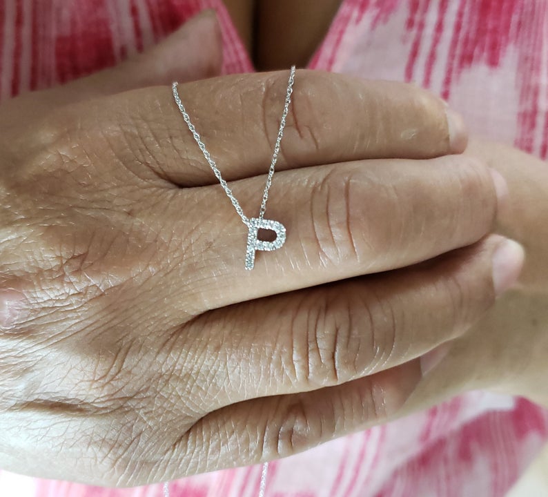 14Kt Gold Initial Letter Diamond Pendant Necklace
