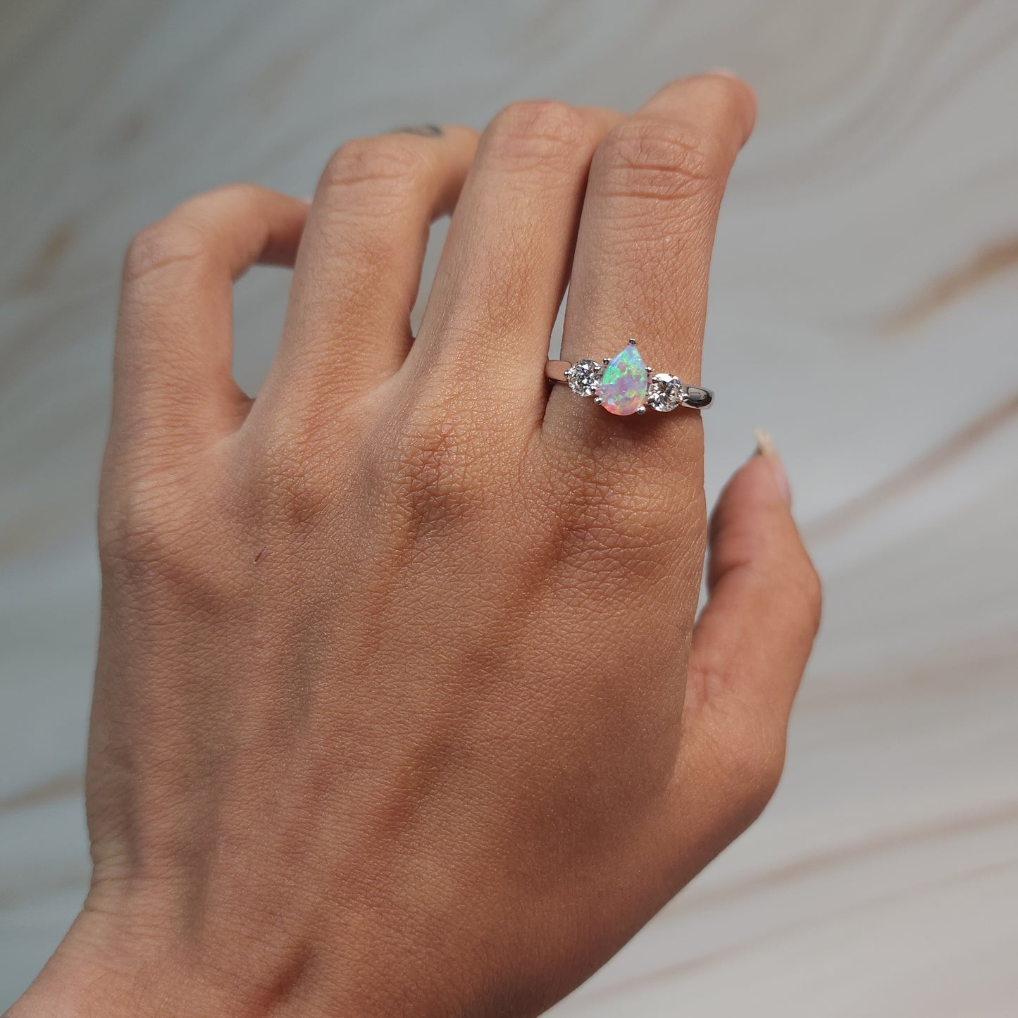 Created Pink Opal & Lab Grown Diamond Pear Round ring .925 Sterling Silver