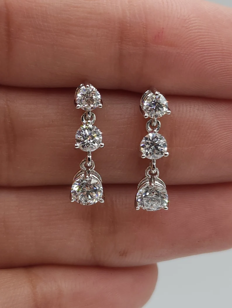 14Kt Gold 1.40 Ct Lab Grown Diamond 3 Stone Dangle stud Earrings