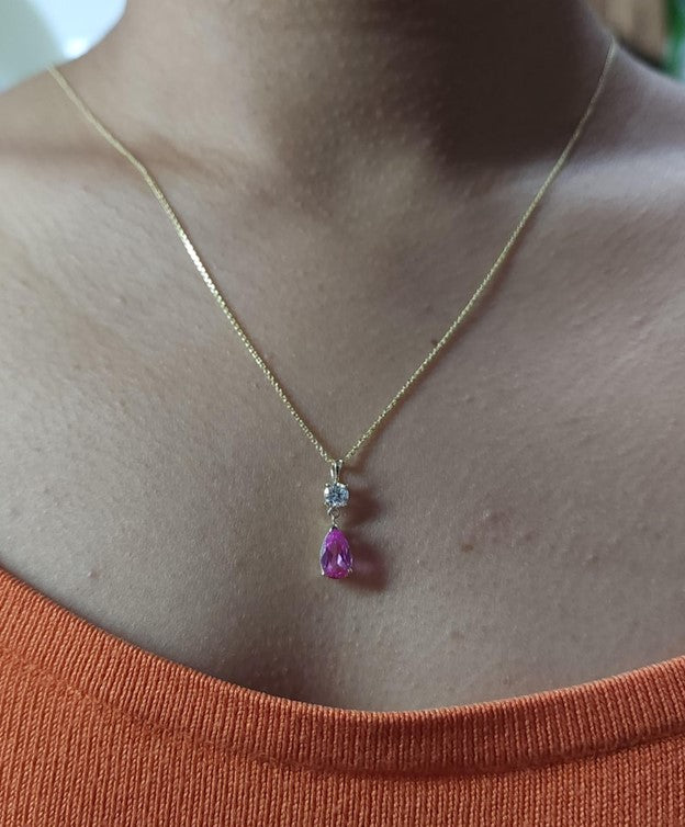 14Kt Gold Pink Sapphire Teardrop & Lab Grown Diamond Pendant