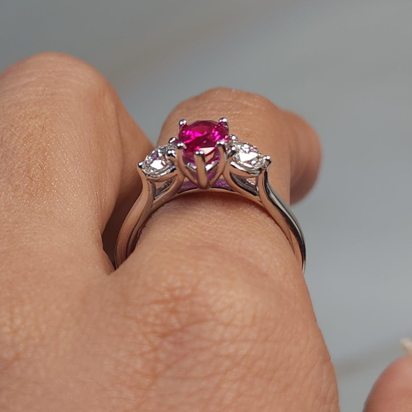 Created Ruby & Lab Grown Diamond Pear Round ring .925 Sterling Silver