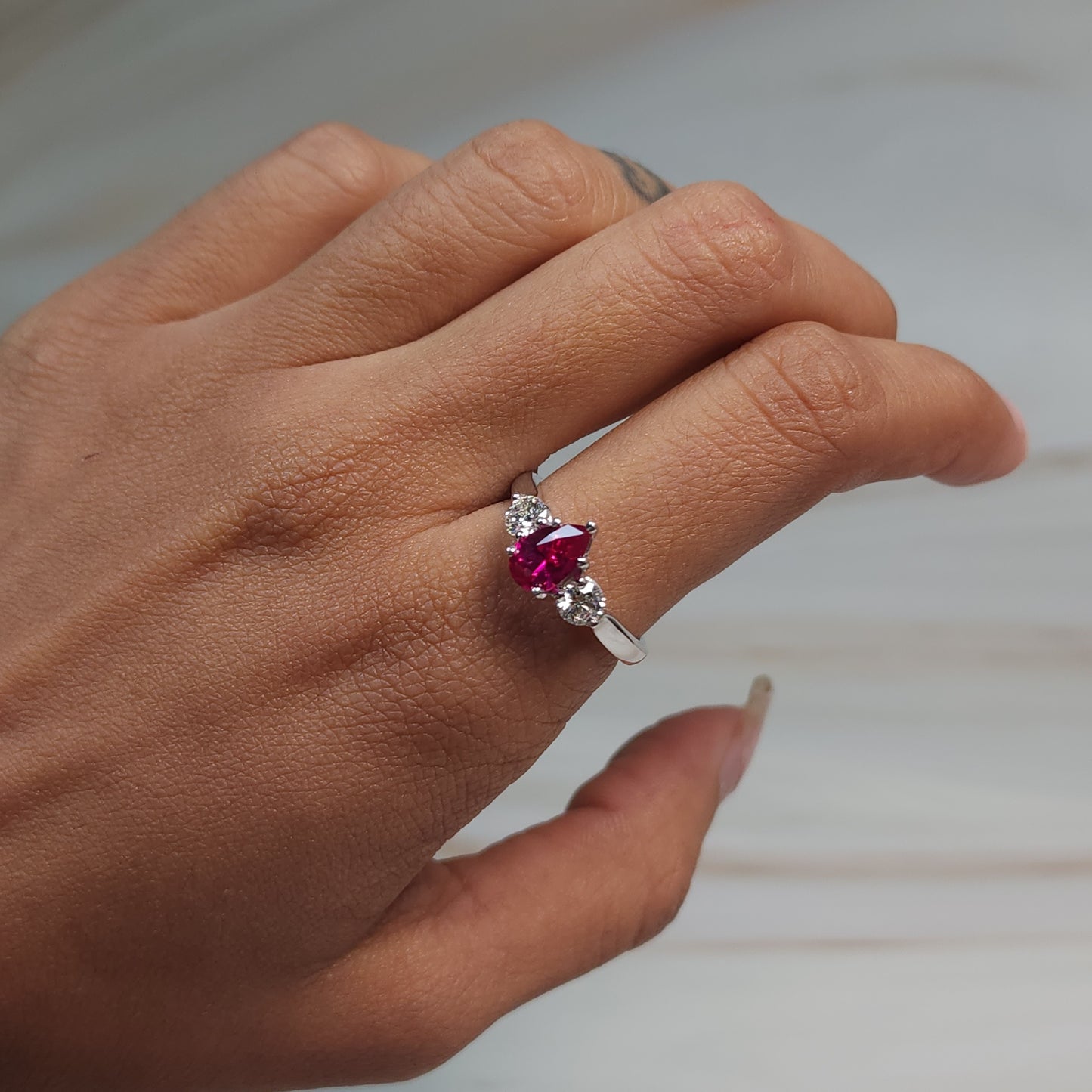 Created Ruby & Lab Grown Diamond Pear Round ring .925 Sterling Silver