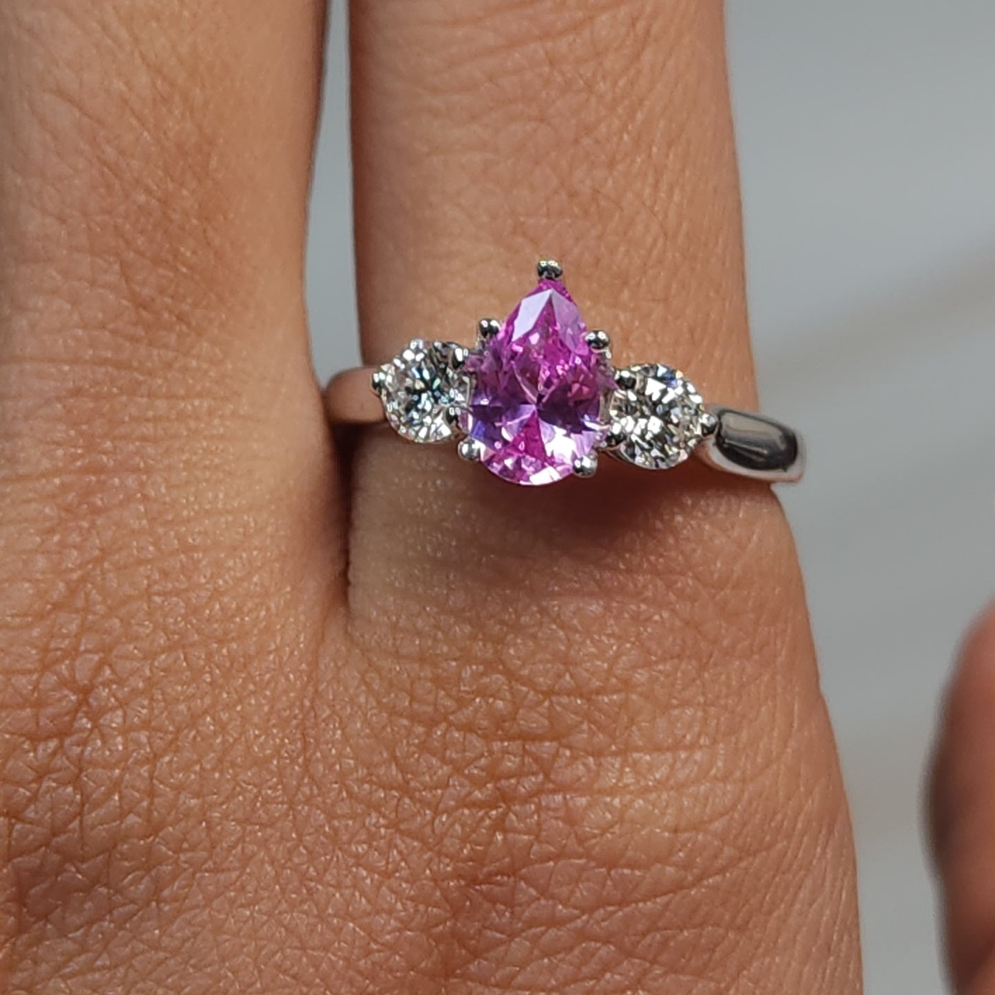 Created Pink Sapphire & Lab Grown Diamond Pear Round ring .925 Sterling Silver