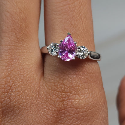 Created Pink Sapphire & Lab Grown Diamond Pear Round ring .925 Sterling Silver