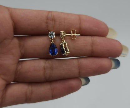 14Kt Gold Created Blue Sapphire & Lab Grown Diamond Teardrop Dangle Stud Earrings