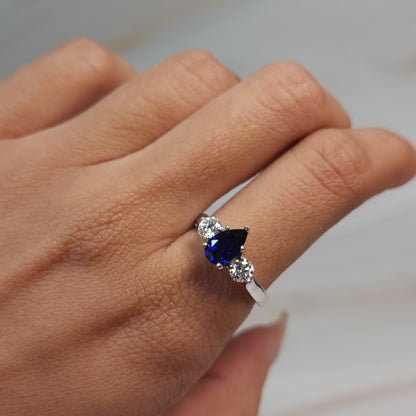 Created Blue Sapphire & Lab Grown Diamond Pear Round ring .925 Sterling Silver