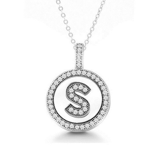 Letter S Micro Pave Initial CZ Pendant .925 Sterling Silver