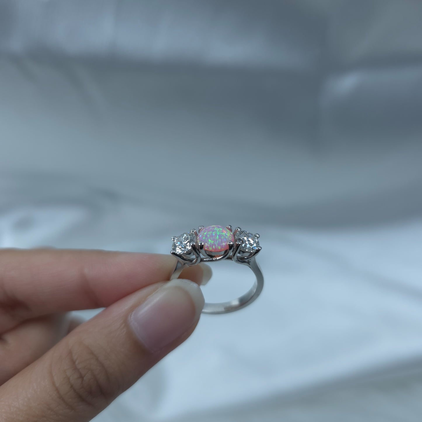 Created Pink Opal & 1Ct Lab Grown Diamond Round ring .925 Sterling Silver