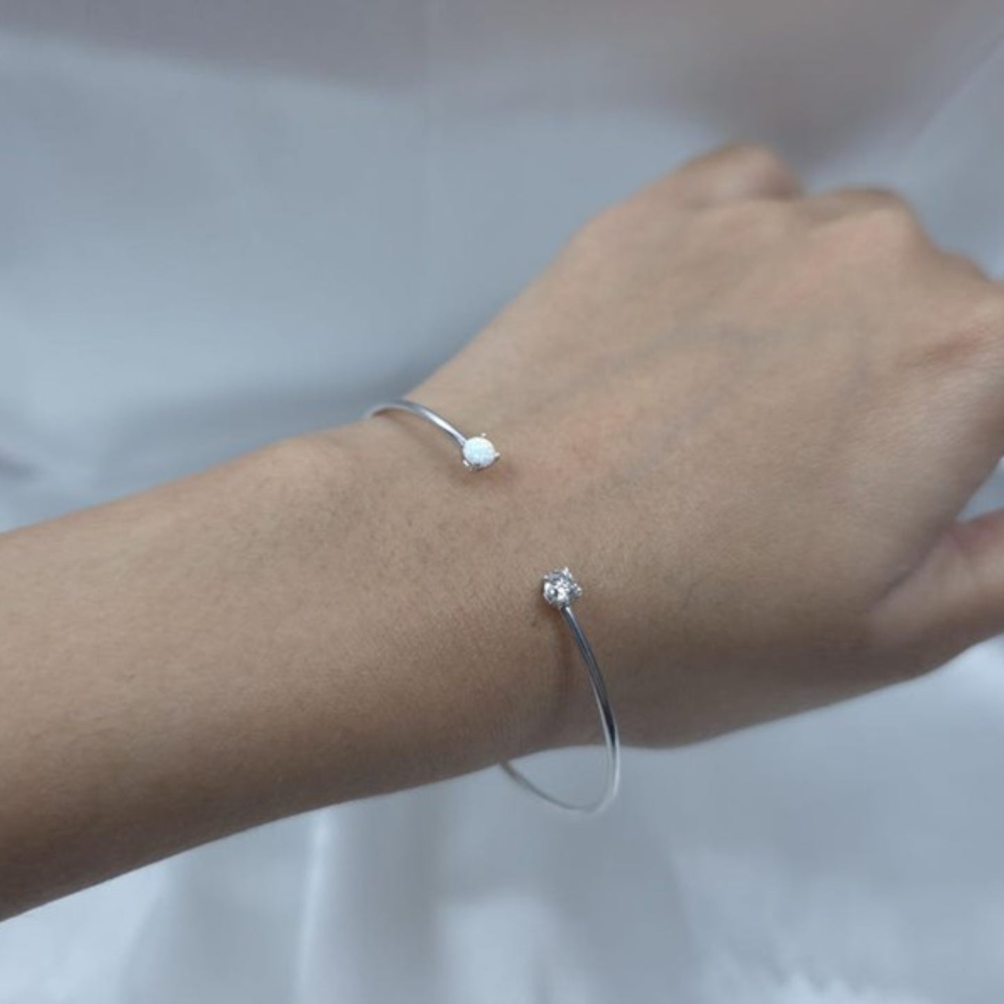 14Kt Gold Opal and Lab Grown Diamond Open Cuff Bangle