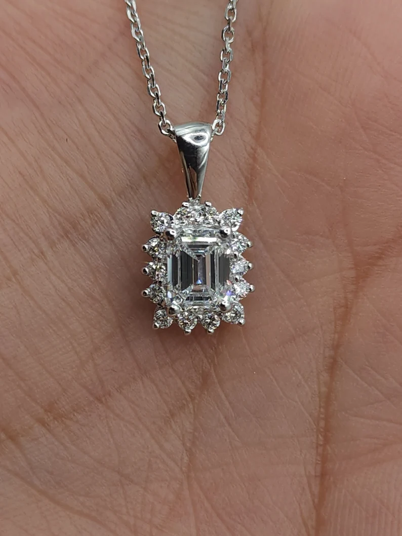 14K Gold 1.19 Ct Lab Grown Diamond Emerald Cut Solitaire Pendant Necklace