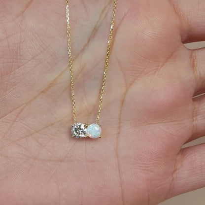 14Kt Gold 2 Stone 0.50Ct Lab Grown Diamond and Opal Round Pendant