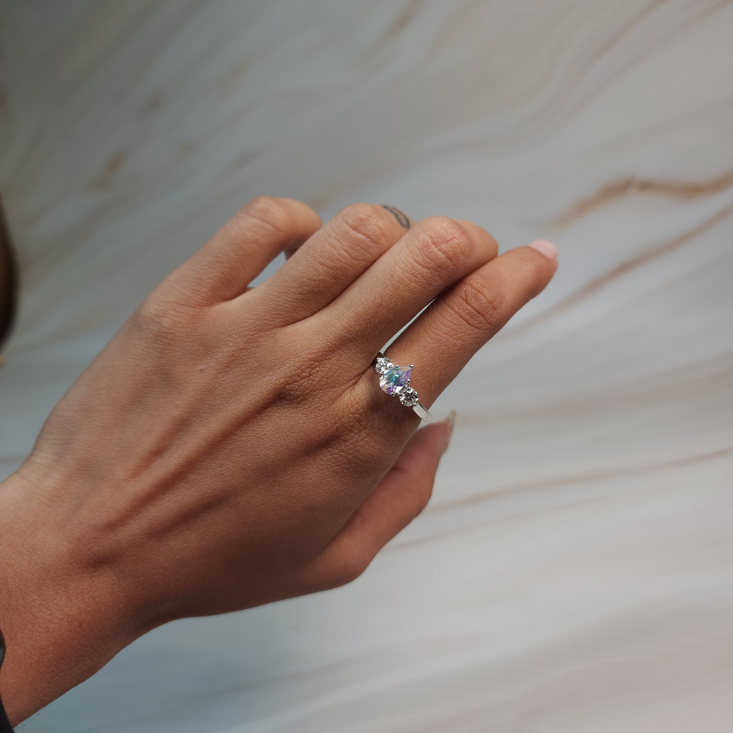 Natural Mercury Mist Mystic Topaz & Lab Grown Diamond Pear Round ring .925 Sterling Silver