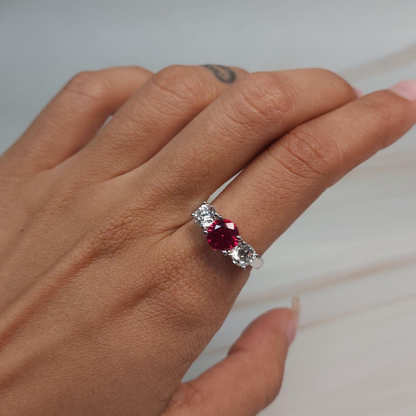 Created Ruby & 1Ct Lab Grown Diamond Round ring .925 Sterling Silver