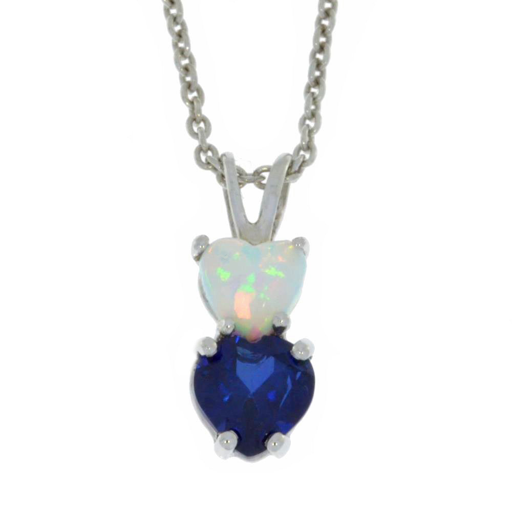 Opal & Blue Sapphire Heart Double Pendant .925 Sterling Silver