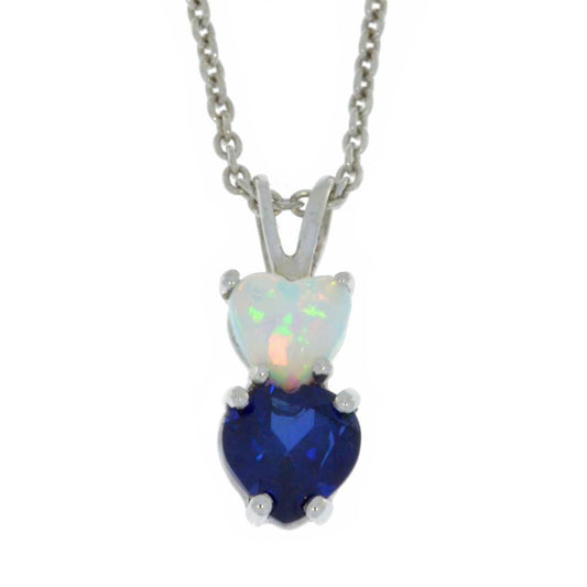 Opal & Blue Sapphire Heart Double Pendant .925 Sterling Silver