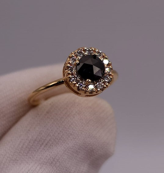 14Kt Gold Natural Rose Cut Halo Black Diamond Ring