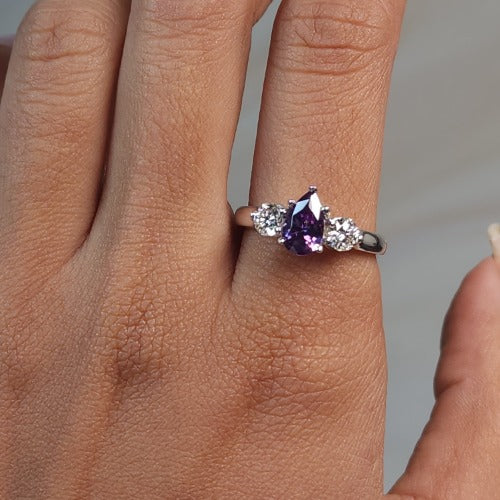 Simulated Amethyst & Lab Grown Diamond Pear Round ring .925 Sterling Silver