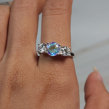 Mercury Mystic Topaz & 1Ct Lab Grown Diamond Round ring .925 Sterling Silver