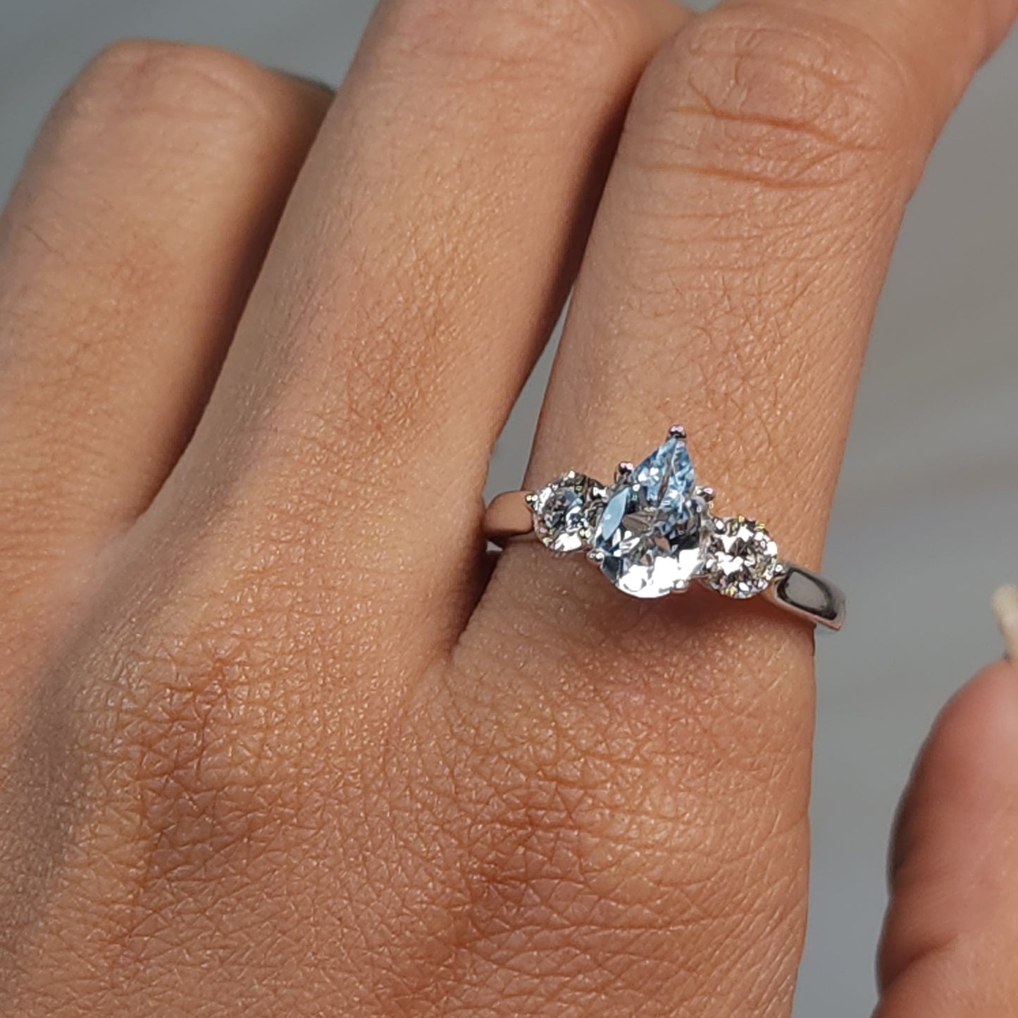 Genuine Aquamarine & Lab Grown Diamond Pear Round ring .925 Sterling Silver