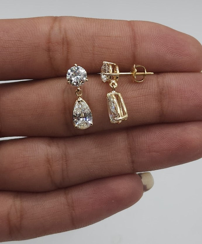 14Kt Gold 3 Prong 2.44 Ct 2 Stone Pear & Round Earrings Lab Grown Diamond Studs