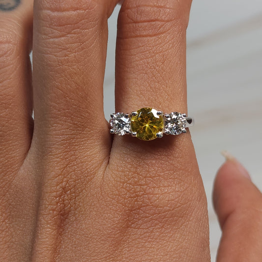 Simulated Yellow Citrine & 1Ct Lab Grown Diamond Round ring .925 Sterling Silver