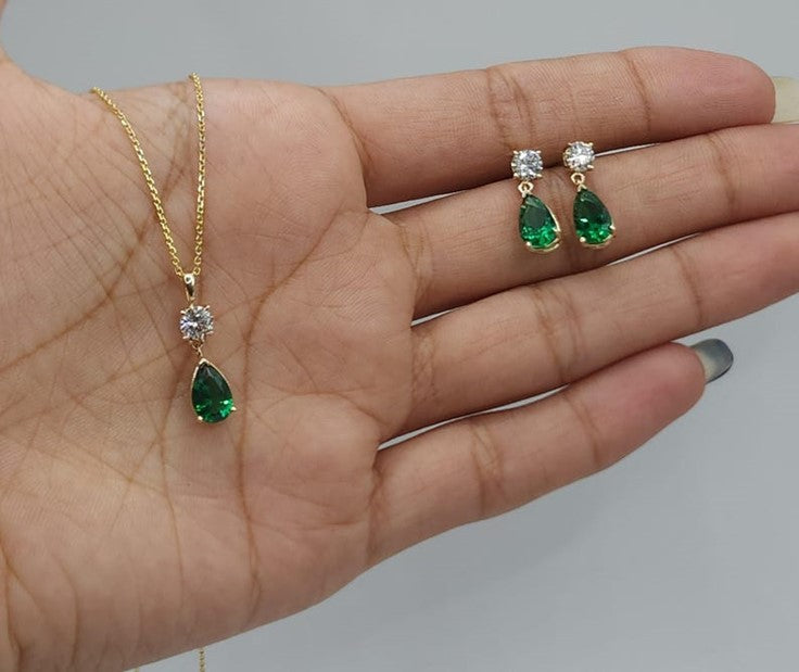 14Kt Gold Created Emerald & Lab Grown Diamond Teardrop Dangle Stud Earrings