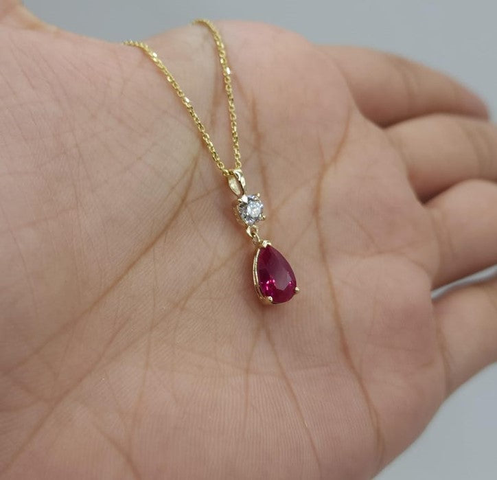 14Kt Gold Created Ruby Teardrop & Lab Grown Diamond Pendant