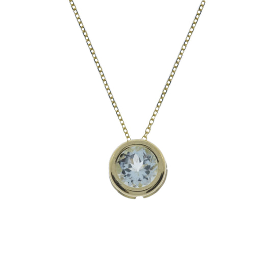 14Kt Gold Genuine Aquamarine Round Bezel Pendant Necklace