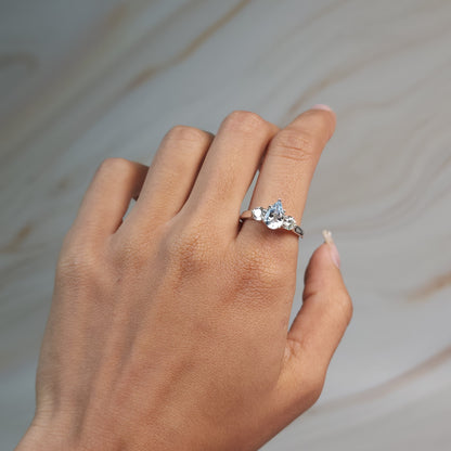 Genuine Aquamarine & Lab Grown Diamond Pear Round ring .925 Sterling Silver