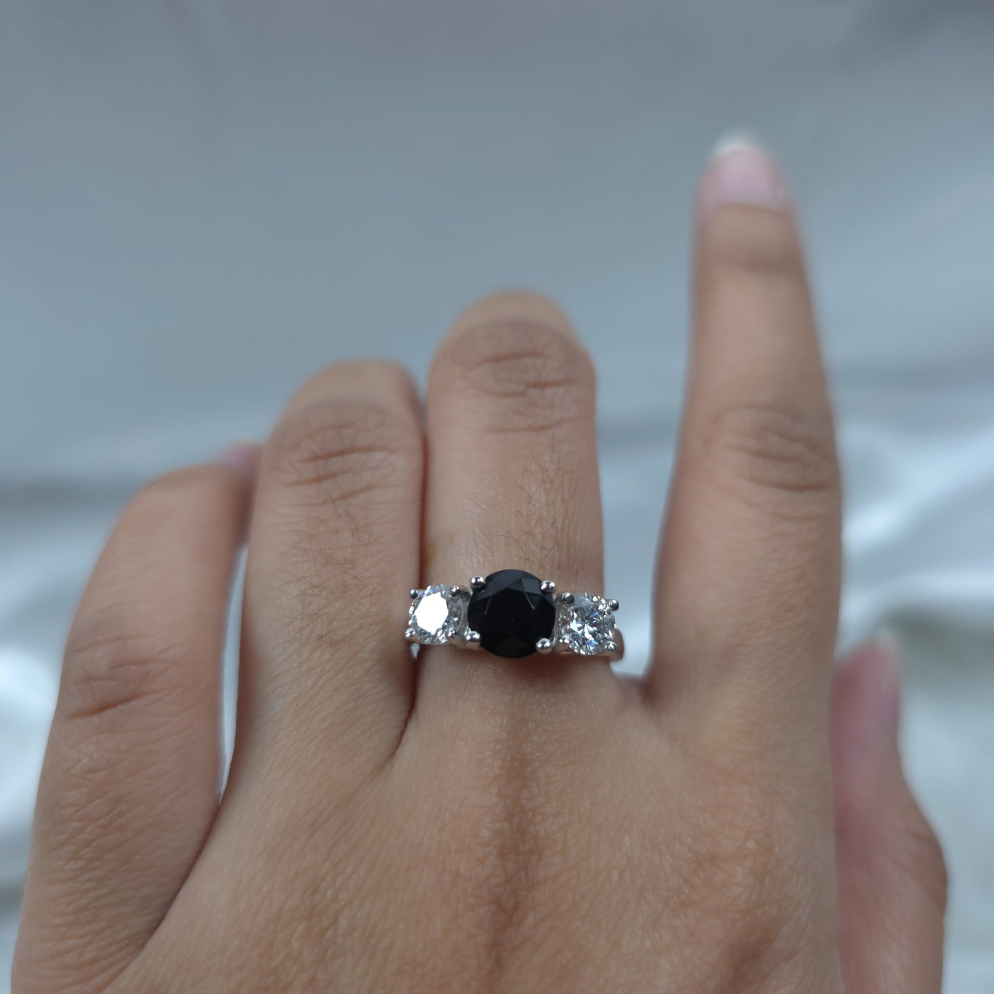Natural Black Onyx & 1Ct Lab Grown Diamond Round ring .925 Sterling Silver
