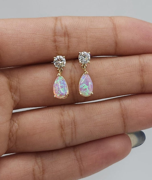 14Kt Gold Created Pink Opal & Lab Grown Diamond Teardrop Dangle Stud Earrings