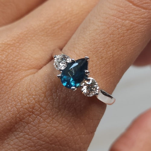 London Blue Topaz & Lab Grown Diamond Pear Round ring .925 Sterling Silver