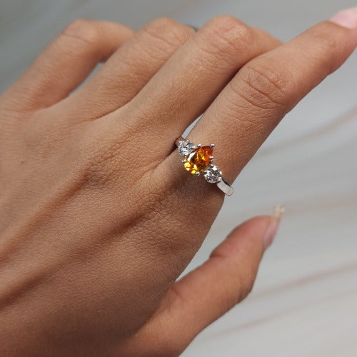 Simulated Orange Citrine & Lab Grown Diamond Pear Round ring .925 Sterling Silver