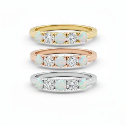 14Kt Gold 0.50 Ct 5 Stone Opal & Lab Grown Diamond Ring