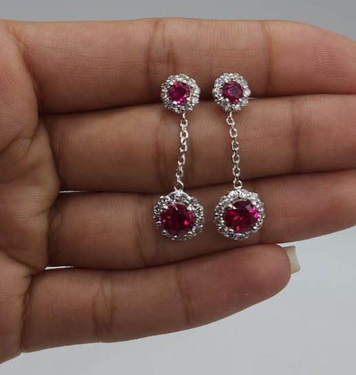 14Kt Gold 1.68 Ct Lab Grown Diamond & Ruby Halo Dangle Stud Earrings