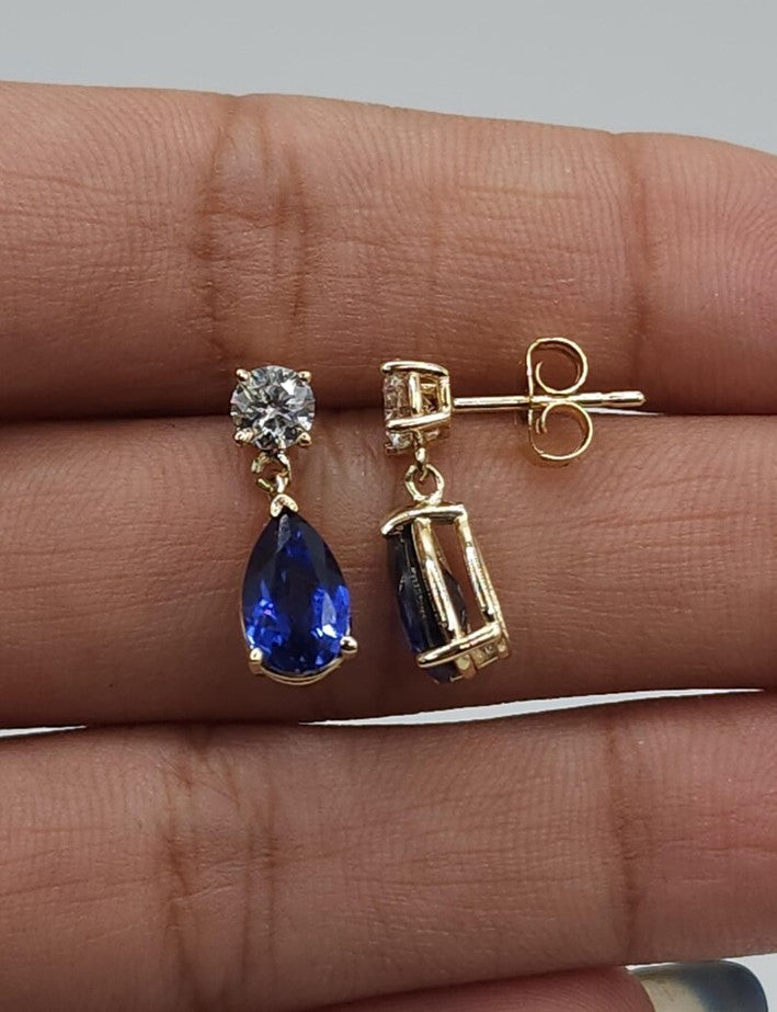 14Kt Gold Created Blue Sapphire & Lab Grown Diamond Teardrop Dangle Stud Earrings