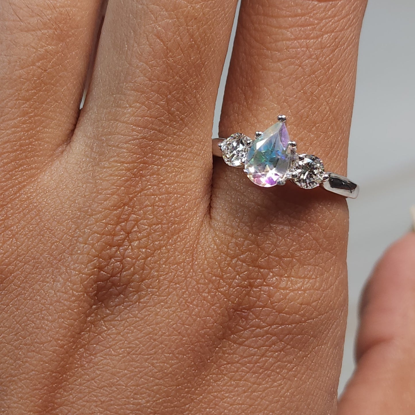 Natural Mercury Mist Mystic Topaz & Lab Grown Diamond Pear Round ring .925 Sterling Silver